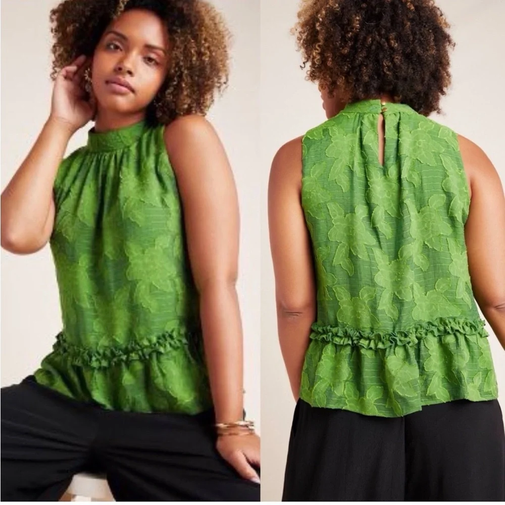 Maeve Anthropologie Savannah Embroidered Green Floral Swing Ruffle Blouse‎ Sz 2